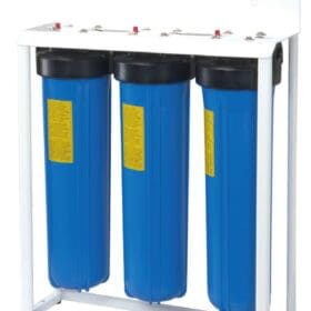 20"-os Big Blue szűrőház 3 db-os acél állványon szűrőház kulccsal szűrő nélkül